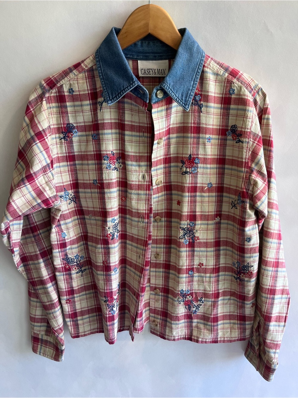 Vintage Casey & Max Embroidered Floral Plaid Denim Collar Shirt 80’s